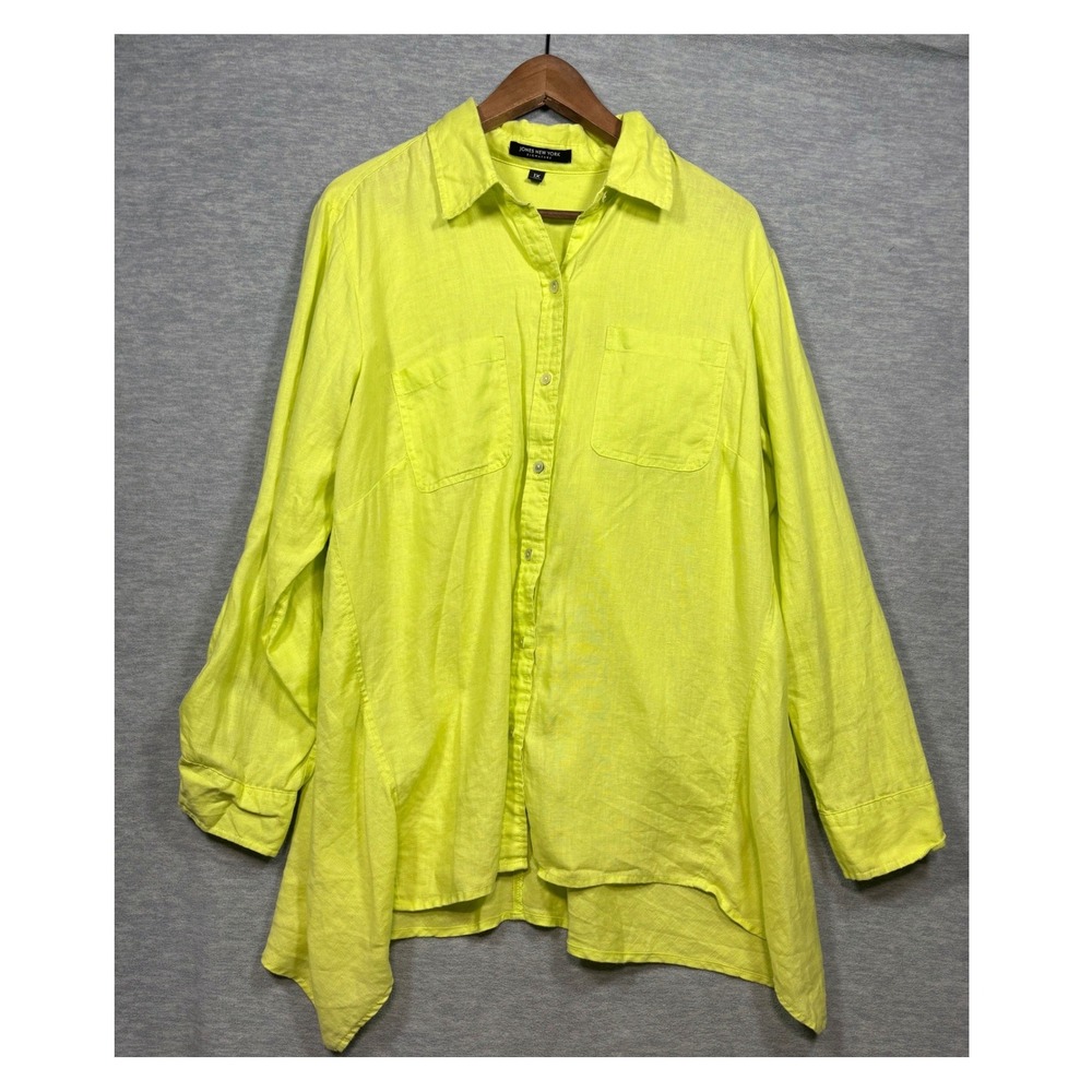 Jones New York‎ Signature Lime Green 100% Linen Roll Tab Shirt 1X Plus Size